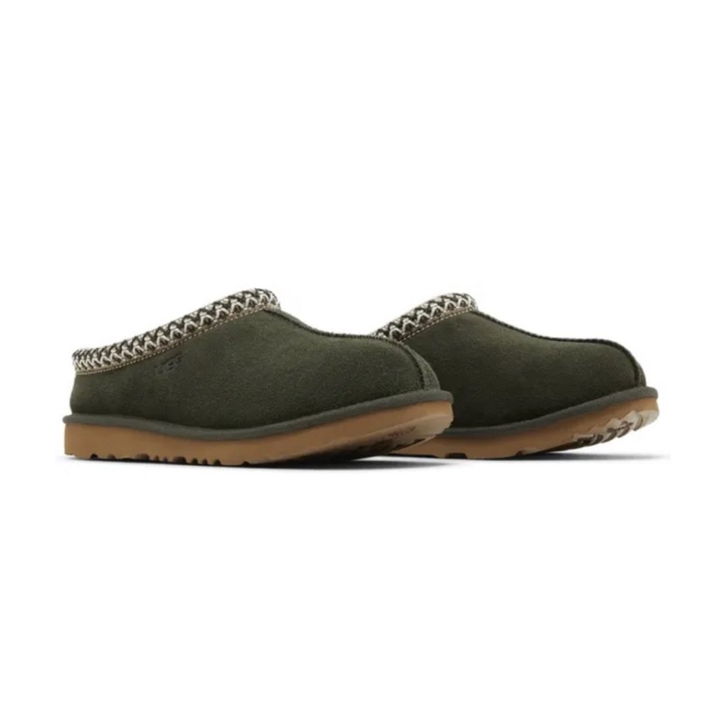 UGG Olive Suede Clogs with Patterned Trim